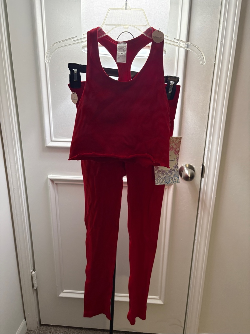 Red Ribbed Racerback Tank and Legging Set - Women